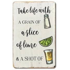 QYAYIK Retro Tin Sign Take Life with a Grain of Salt, A Wedge of Lime and a Shot of Tequila Vintage Metal Sign for Wall Poster for Home Kitchen Bar Pub 12x8 Inch