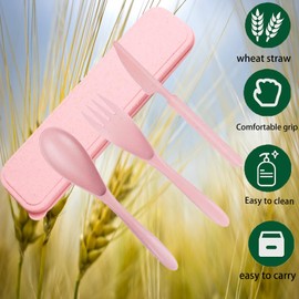 Reusable Utensils Set with Case, Plastic Fork Knife Spoon Cutlery Set,2 Sets Portable Camping Tableware for Travel Picnic School Office Lunch or Daily Use (purple Pink)