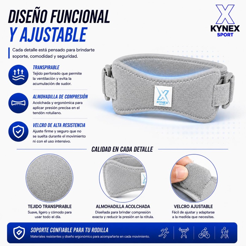 Sport Banda Rotuliana Ajustable con Almohadilla, Soporte Dirigido, Transpirable, Velcro