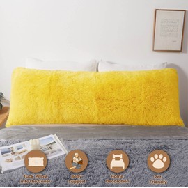 MEGO Luxury Fluffy Body Pillow Cover, 20x54 Shaggy Faux Fur Body Pillow Case, Soft Plush Fuzzy Body Pillowcase, Decorative Furry Long Bed Pillow with Zipper Closure Hug Pillow for Bedroom Yellow