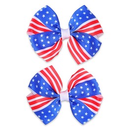 2PCS 4th of July Hair Bow Clips for Girls Kids Red White and Blue Hair Clips Patriotic Star Bow Hair Pins American Flag Headwear Memorial Day Accessories for Toddler Baby Women Independence Day Parade