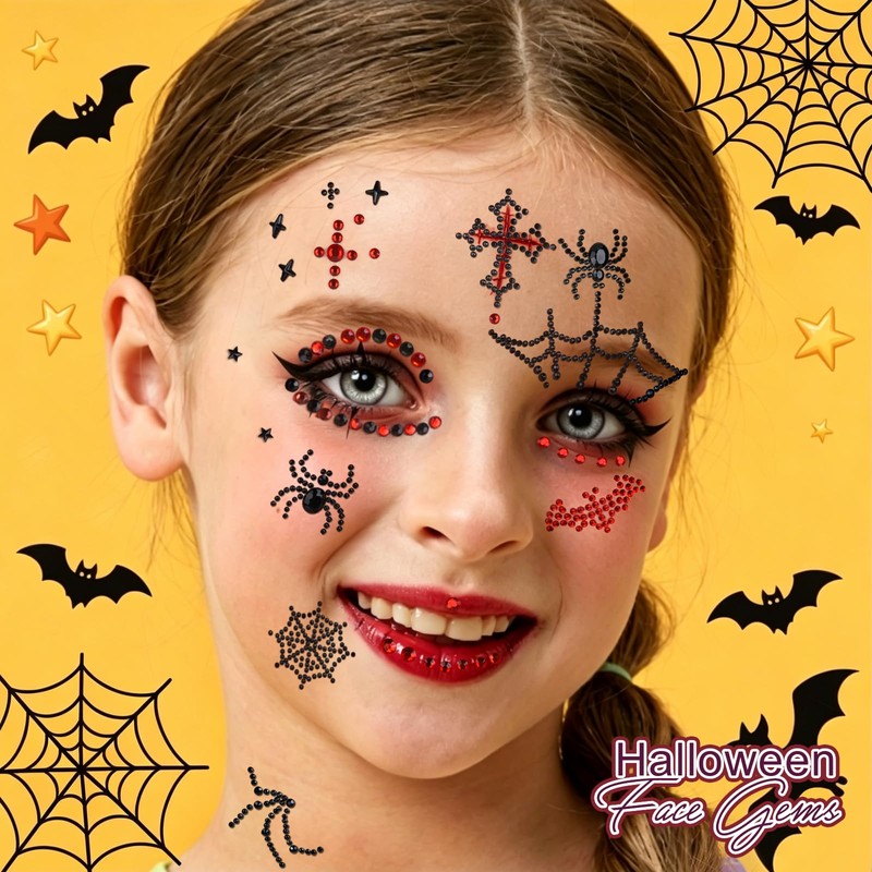 6Sheets Spider Face Gems Black Face Jewels for Women Halloween