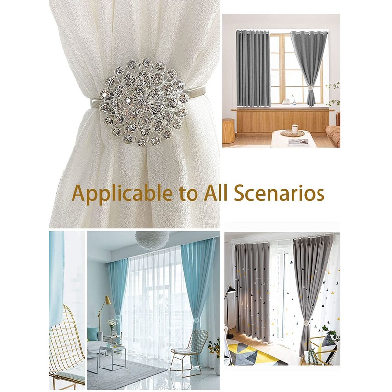 Magnetic Tiebacks for Curtains, 2 Pack Sparkling Crystal Flower Curtain