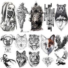 LAROI 10 Sheets Large Realistic Tiger Temporary Tattoo Animals Men Arm Soldier Tattoos Temporary Adult Women Scorpion Wolf Deer Elk Eagle Bear Sketch Black Tattoo Sticker Children Men