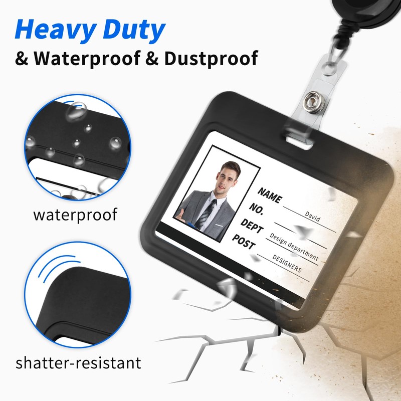 3 Pack Sliding ID Badge Holder, Black Horizontal Hard Plastic