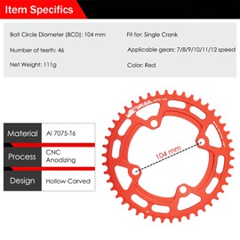 BESNIN Bike Chainring 104 BCD 30T 32T 34T 36T 38T 40T 42T 44T 46T 48T 50T 52T Round Narrow Wide Single Chain Ring for 7 8 9 10 11 12 Speed MTB BMX Road Bike (Red, 46T Round)