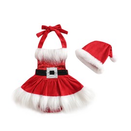 Baby Girl Christmas Dress Outfit Velvet Sleeveless Halter Sequin Tutu Dresses Romper+Santa Hat Santa Costume (Red,3-6 Months)