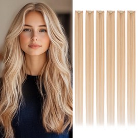 Benehair Clip-In Real Hair Extensions, 6 Pieces, Clip Real Hair Extensions, Single Clip, Real Hair Extension Clips, Virgin, Free to Wear, One Piece Hair Extensions, 35 cm, Camel Mixed Light Blonde