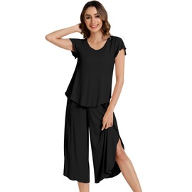 NACHILA Women's Pajamas Set-Viscose Made from Bamboo,Short Sleeve Sleepwear Soft Pjs with Capri Pants Loose Loungewear Black M
