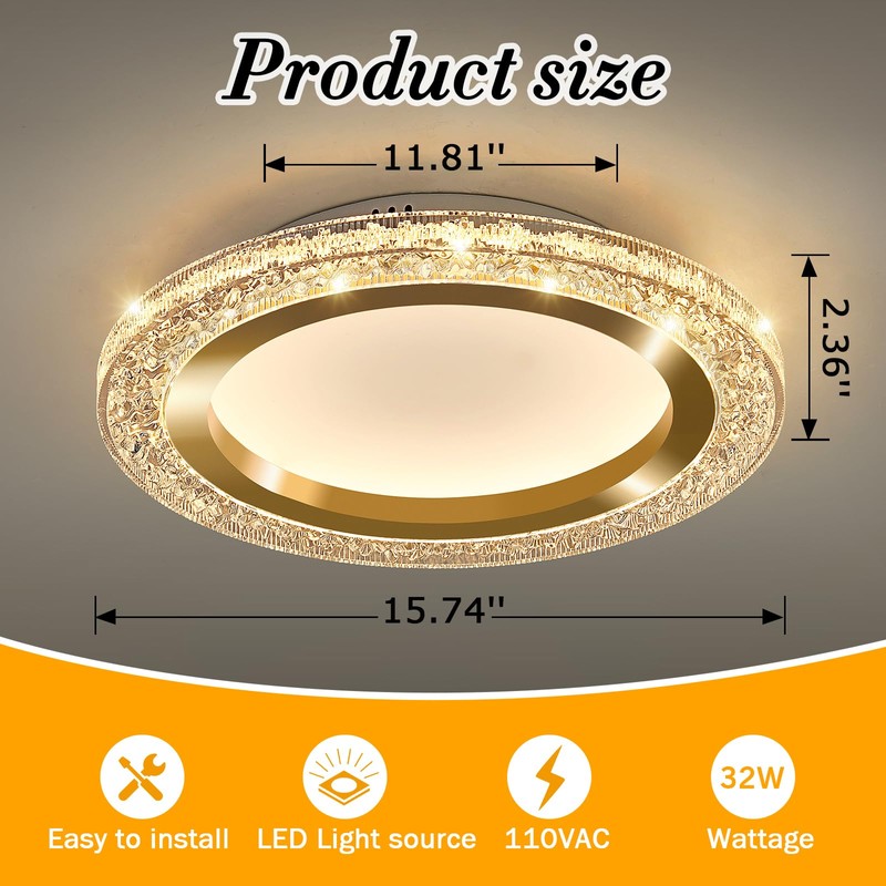 UOFUS 28W Gold LED Flush Mount Ceiling Light 12inch Modern