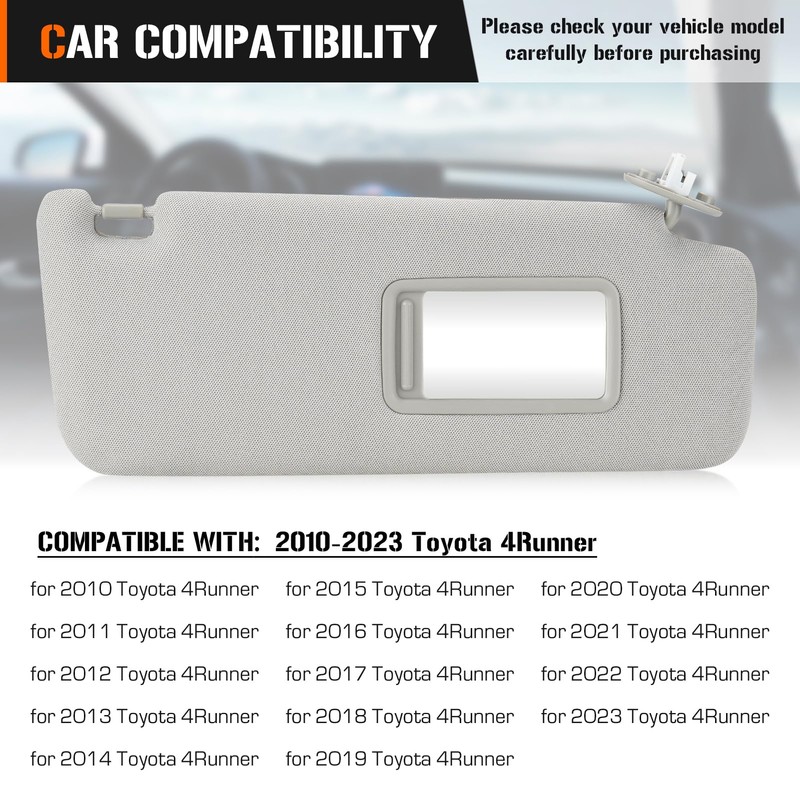 Right Passenger Side Sun Visor for 2010-2023 Toyota 4Runner Grey