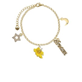 Delight Jewelry Silvertone Yellow Hibiscus Flower - Goldtone Dream Big Charm Bracelet, 7.5+2" Extender