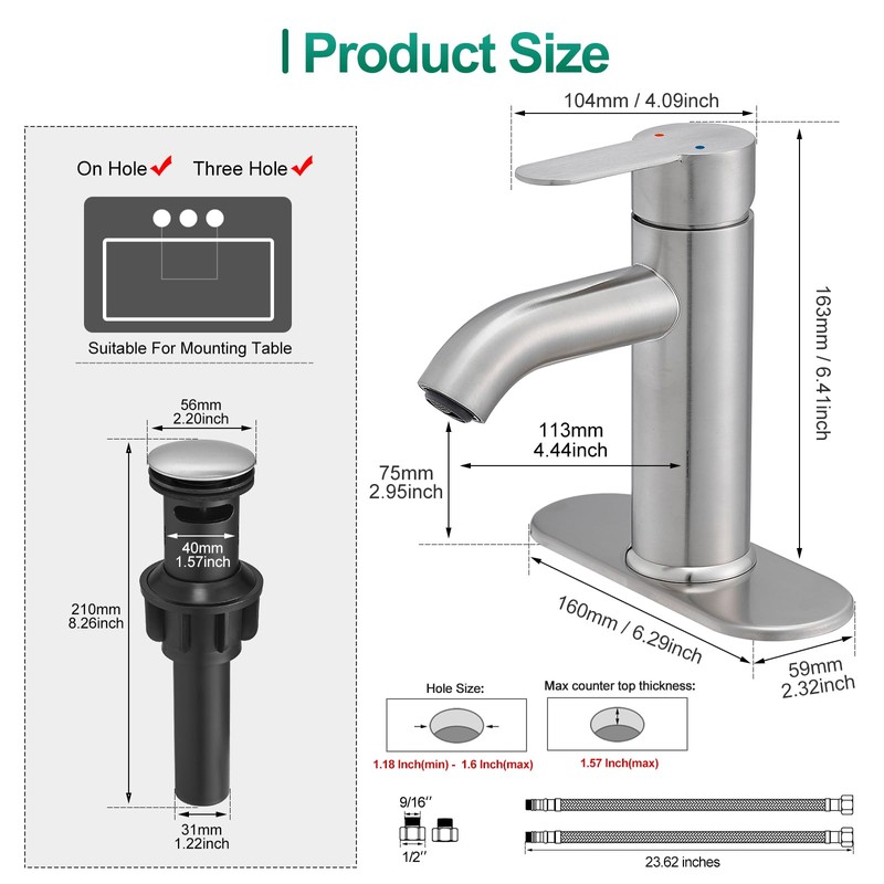 VOTON Brushed Nickel Bathroom Sink Faucet, Single Handle Stainless Steel