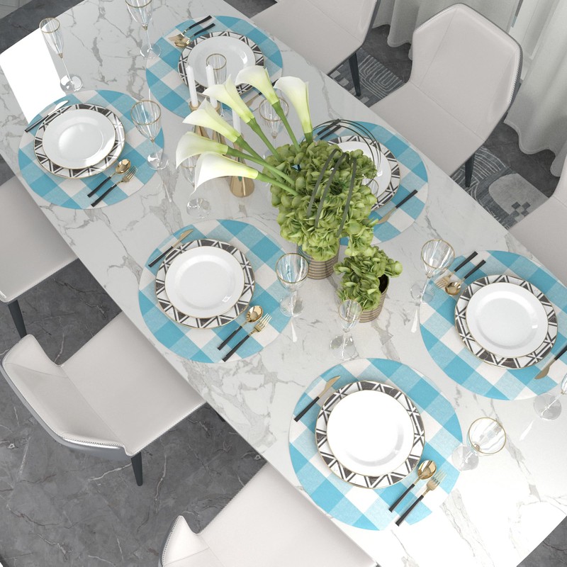 Sky Blue & White Cotton Buffalo Check Round Placemat, Set