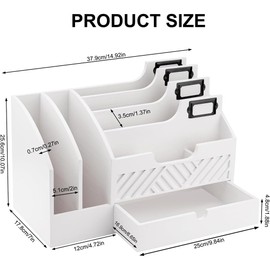 Niciksty Wood Desktop Mail Organizer, Fantasyon Mail Organizer Countertop with 6 Compartments and Drawer, Wood Desk Drawer Organizer for File Letter Paper Folder, White