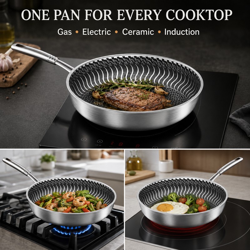 316 Stainless Steel Honeycomb Wok Pan, Tri-Ply Skillet