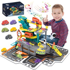 Sternstunde Car Racing Track Dinosaur Toy Rails, 32 Pieces Dino Racing Track Highway, Car Garage Toy with Parking Garage, Ramps, Elevator, Includes 5 Cars, for 3-8 Years Boys Gifts Toy