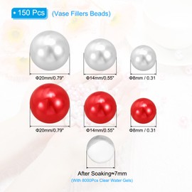 PATIKIL 150 Pieces Floating Beads, 8/14/20mm Vase Fillers Beads Vase Centerpieces Floating Pearl Bead No Hole and 8000Pcs Clear Water Gel Bead for Vase Decoration, Red/White