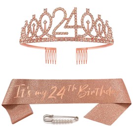 24th Birthday Sash Birthday Crown Queen Tiara Princess Crown Rhinestone Birthday Headbands 24th Birthday Girl Sash Happy Birthday Crown and Sash for Girls Women Birthday Party Ball Decoration