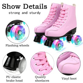 Comeon Roller Skates for Women PU Leather Roller Skates High-Top Leather for Beginners Teens for Woman,Girls and Boys,Adult(Pink Flash, 33=US 5)