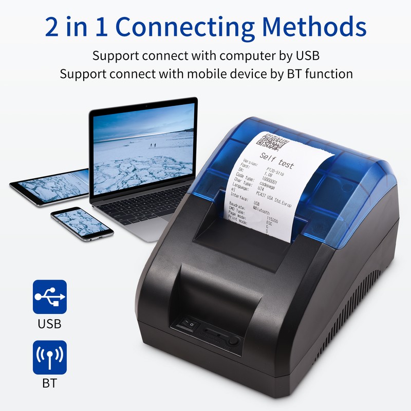 58mm Thermal Receipt Printer Desktop USB&BT Wireless Connection Printer Barcode