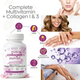 Lumine Organics Collagen, Hydrolyzed Collagen Peptides Capsules,Type I,II,III,V,X with Biotin,Hyaluronic Acid Powder,Vitamin C 240 Capsules