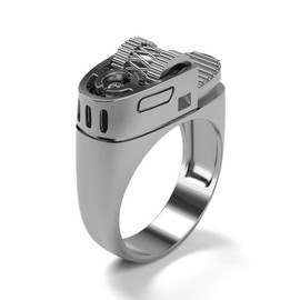 ASFKIPMF Men's European and American Punk Style Punk 14k Gold Plated Fashion Creative Lighter Ring 925 Sterling Silver Unique Design Mechanical Gear Lighter Style Ring Gifts (Size 10, Silvery)