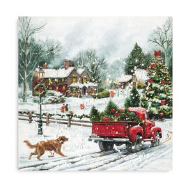 ATELIYISHU Christmas Canvas Wall Art Golden Retriever and Cottage Christmas Tree Covered in Snow with Red Pickup Truck Painting Winter Scene Picture Painting for Living Room 12"×12"