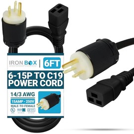IronBox Electric - Heavy Duty 6-15P to C19 Power Cord - Rated for 15A/250V, 14/3 AWG SJT Jacket - Durable Power Cable for Servers, PDU, IT Equipment - Ideal for Data Centers & Offices (6 ft, Build)