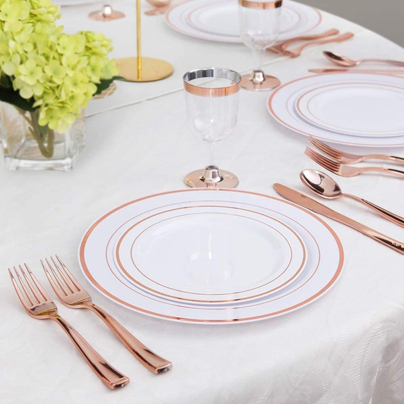 WDF 300 Pieces Rose Gold Plastic Silverware- Disposable Flatware Set