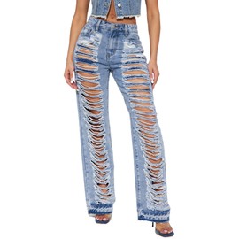 Tbahhir Distressed Ripped Cargo Jeans for Women High Waisted Baggy Wide Leg Boyfriend Y2K Streetwear Denim Pants Trendy Light Blue