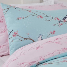 Dreamscene Blossom Bird Reversible Floral Quilt Duvet Cover with Pillowcase Bedding Set, Duck Egg Blush - 2 pieces, Single