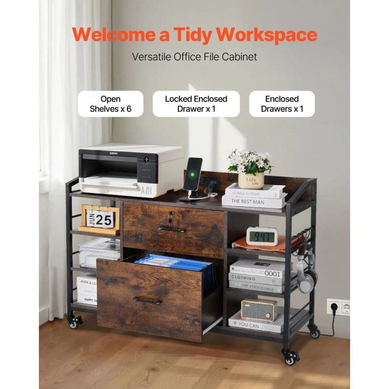 Brown Metal 2-Drawer File Cabinet With Power Strip Industrial Office