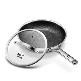 Roomena Non Stick Frying Pans Hybrid Ceramic With Lid, 12 Inch Tri-Ply Stainless Steel Skillet, Non-Toxic, PFAS/PFOA/PTFE Free, Metal Utensil Safe, Dishwasher & Oven Safe,Induction Compatible