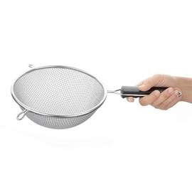 Vogue Heavy Duty Sieve 20 cm, Silver & Black, Tinned Double Mesh, Flour Sifter, Ergonomic Handle, 2x Resting Hooks, Easy Clean Design, FE742
