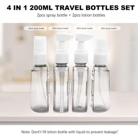 Skycase Travel Bottles - Leak Proof Refillable Tsa Approved Travel Size Toiletries, 4 in 1 Liquid Bottles Containers with Labels and Funnel Airplane Accessories Kits for Lotion Liquid (Grey)