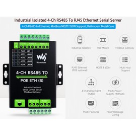 4-Ch RS485 to RJ45 Ethernet with POE Serial Server Adapter Industrial Isolated Serial Module, 4-CH Independent RS485, Support Modbus Gateway/MQTT/JSON, Bi-Directional Transparent Transmission