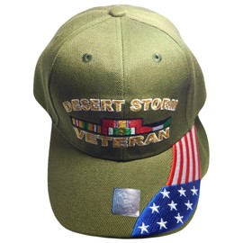 Trade Winds Desert Storm Veteran Ribbon USA Flag On Bill Olive Green Adjustable Embroidered Baseball Cap Hat, 7 3/4