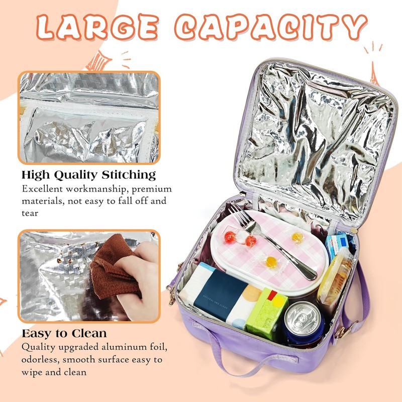 Insulated Lunch Bag, Waterproof Nylon Lunchbox, Purple, Adjustable Strap