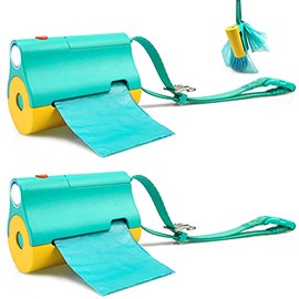 2 Pack Dog Poop Bags Dispenser with LED Flashlight for Leash Pet Waste Bags Holder with Torch for Lead 3 in 1 Bi-Color LED Case with Wristler 1 Roll Blue Bags Metal Clips for Used Bags