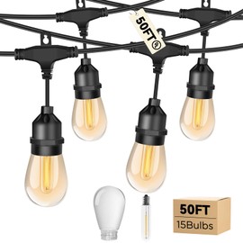 Licoopr Outdoor String Lights LED 50FT Patio Lights with S14 Teardrop-Shaped E12 Bulbs Waterproof Flat Light Outside Christmas Hanging Pendent Lights for Balcony Backyard Garden 2700K