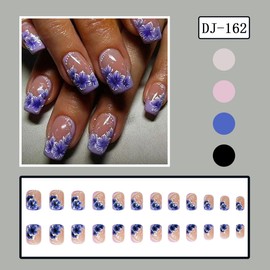 Flower Press on Nails Short Square False Nails Purple French Tip Fake Nails with Floral Designs Full Cover Stick on Nails Glossy Glue on Nails Spring Summer Acrylic Nails for Women Girls 24 Pcs