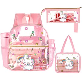 Eccliy 3 Pcs Pink Unicorn Backpack Set for Girls Toddler 12 Inch Clear Backpack for Stadium Events, Clear Small Cute Bag for School Sports Concert (Pink)