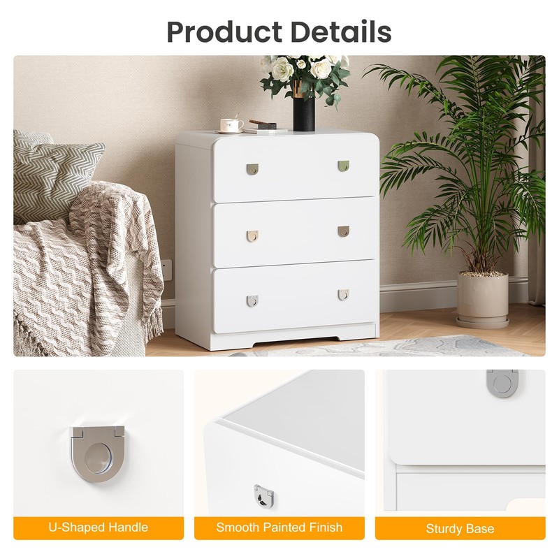 RoyalCraft White 3 Drawer Nightstand, Modern Painted Bedside Table with