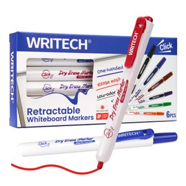 WRITECH Retractable Dry Erase Markers: Fine Point Clickable Colored Ink Marker Low Odor Erasable Thin Tip Refillable Multicolor Whiteboard Marker Pen Set 6ct No Smear Bleed
