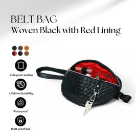 HIDES Nexus Leather Belt Bag, Handcrafted Travel Companion with Premium Full-Grain Leather Spacious Compartments Discreet Back Zip Pocket Adjustable Leather Strap Water-Resistant (Black Red Woven)