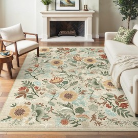 Bavni Washable Area Rug for Living Room, Non Slip 5'x 7' Low Pile Rugs, Durable Lightweight Soft Vintage Floral Carpet Runner with Rubber Backing Bedroom(Beige/Green)