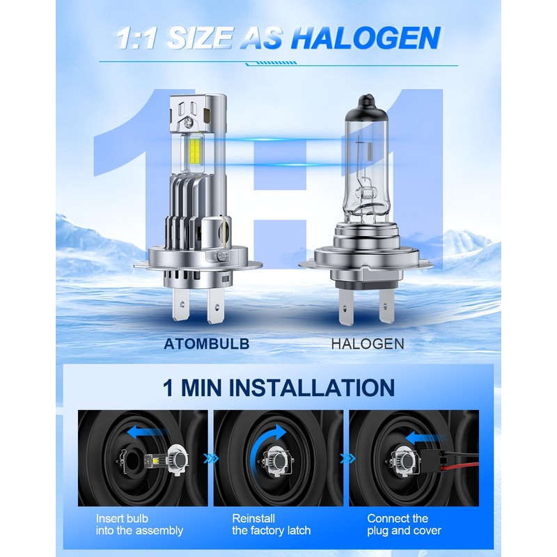 AtomBulb H7/H7LL Bulbs, 80000LM Brightest 20X Brighter, 1:1 Mini Size,