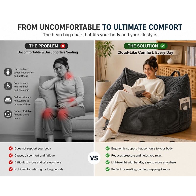 Dark Grey Bean Bag Chair with Handle, Floor Sofa for