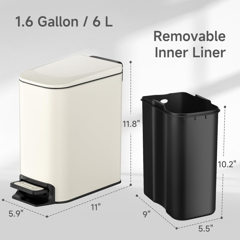 TIPGO Slim Bathroom Trash Can with Lid Soft Close, 6